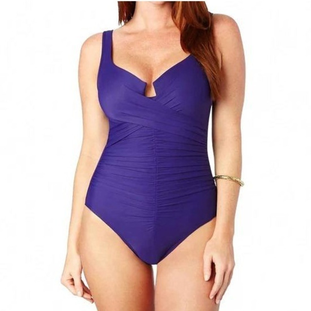 Miraclesuit Sangria One Piece Swimsuit Eggplant Purple Ruched Women Sz 12 467136